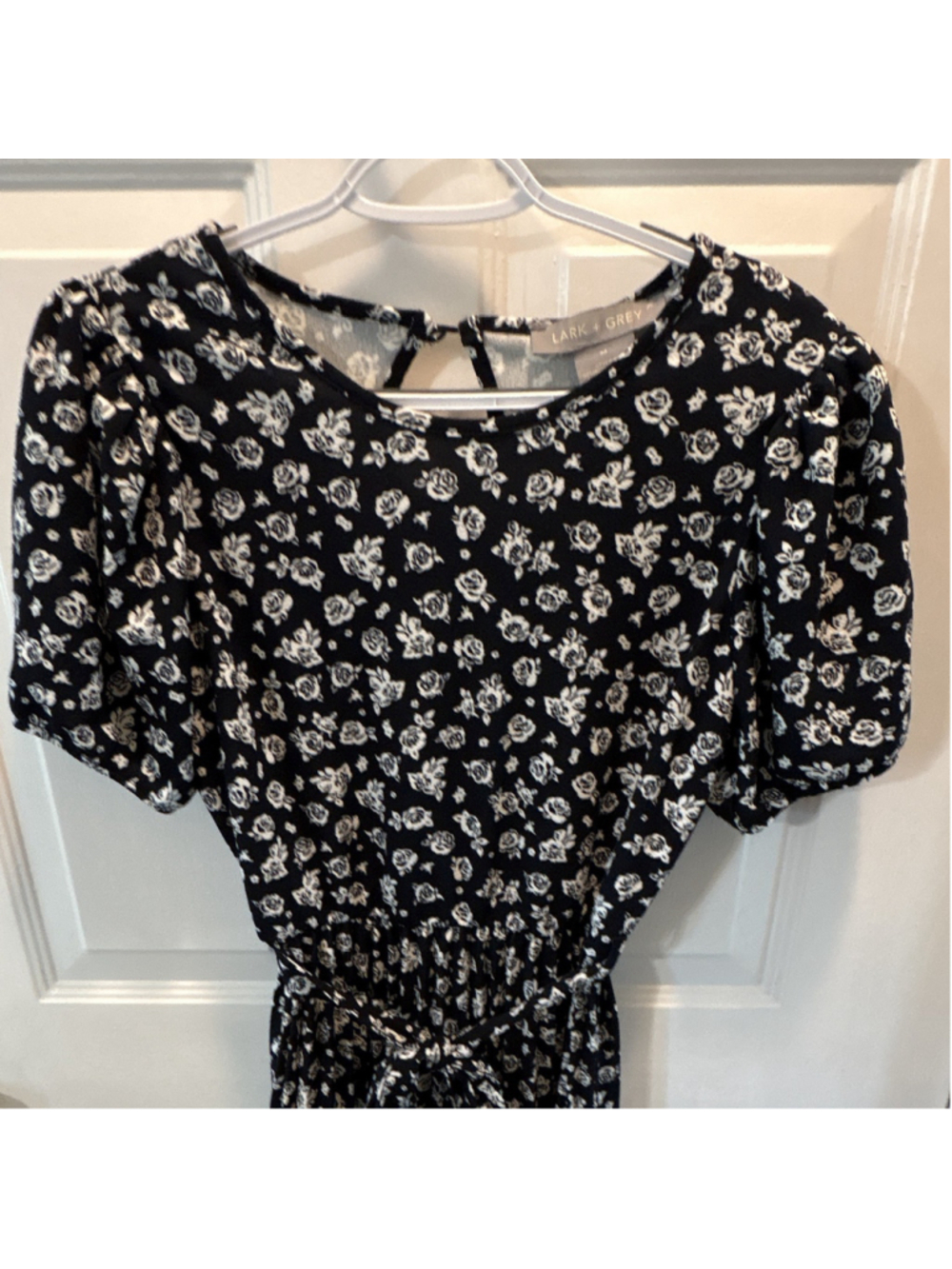 Lark + Grey Womens Black White Floral Midi Dress M Puff Sleeve Button Rayon